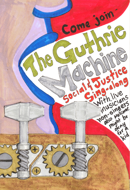 a hand-drawn poster for the Guthrie Machine with a guitar headstock in the foreground and a face behind it, with the voice saying some basic information that is repeated in the accompanying text